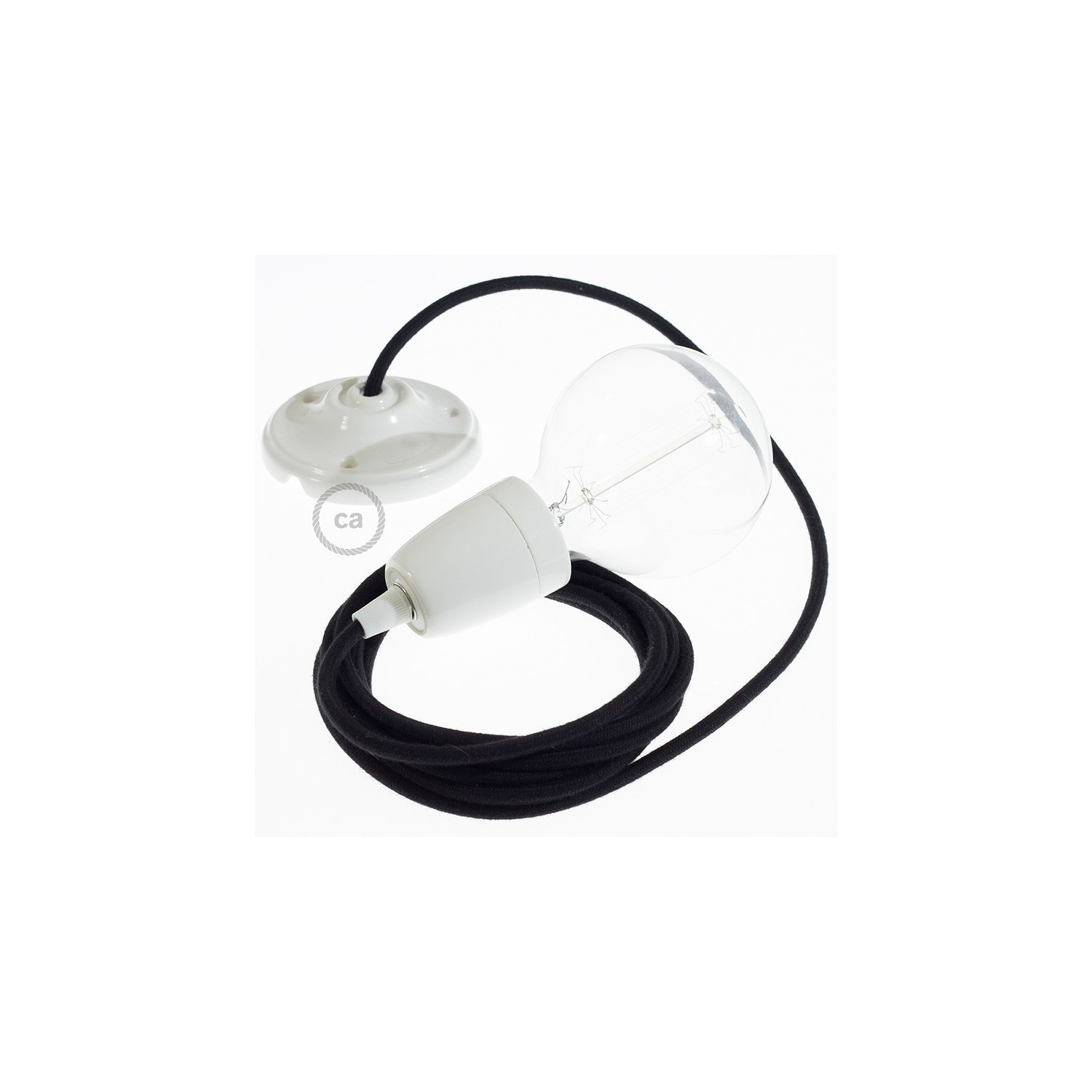 Pendel en porcelana, lámpara colgante cable textil Negro en Algodón RC04