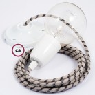 Pendel en porcelana, lámpara colgante cable textil Rayas Antracita RD54