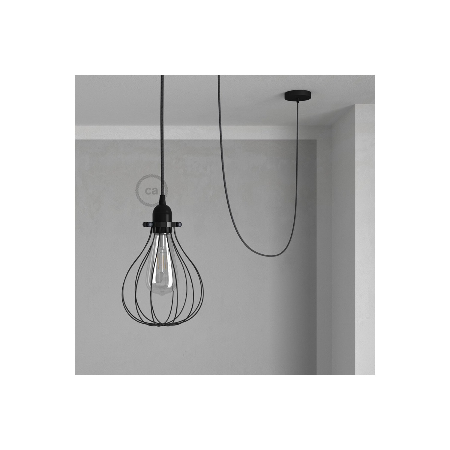 Lámpara colgante con jaula Drop color negro y cable RN03 Lino Natural Antracita