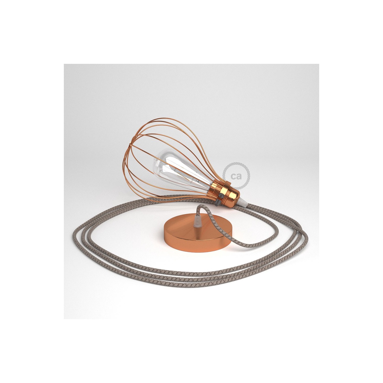Lámpara colgante con jaula Drop acabado cobre y cable RD63 Algodón y Lino Natural Rombo Corteza