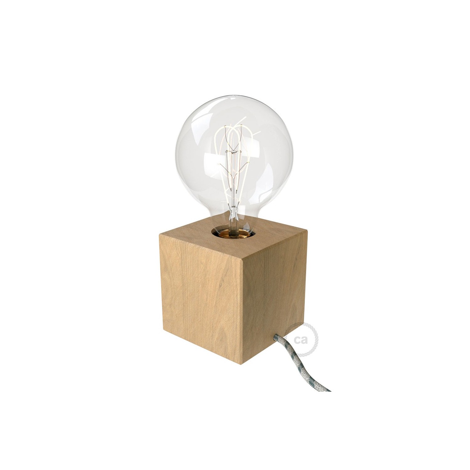 Posaluce Cubetto, la lámpara de mesa en madera natural, con cable textil, interruptor y clavija bipolar