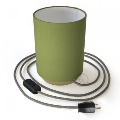 Posaluce en latón con pantalla cilíndrica Tela Verde Aceituna, cable textil, interruptor y clavija bipolar
