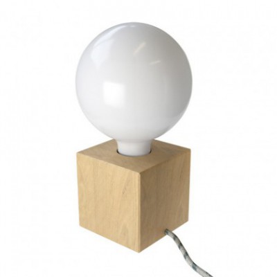 Posaluce Cubetto, lámpara de mesa en madera natural completa con cable textil, interruptor y clavija