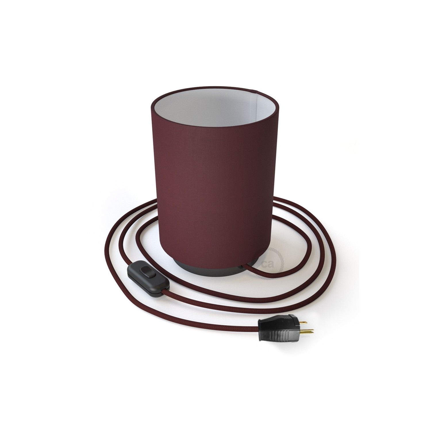 Posaluce de metal con pantalla de cilindro Bordeaux, completa con cable textil, interruptor y clavija