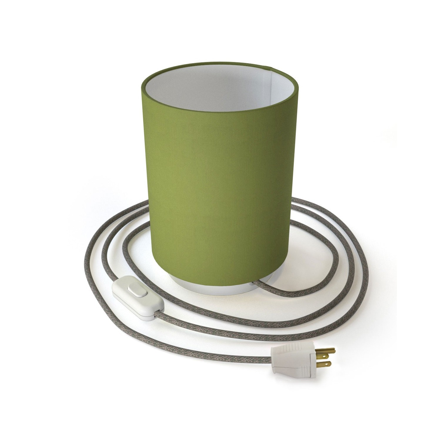 Posaluce de metal con pantalla de cilindro Verde Oliva, con cable textil, interruptor y clavija