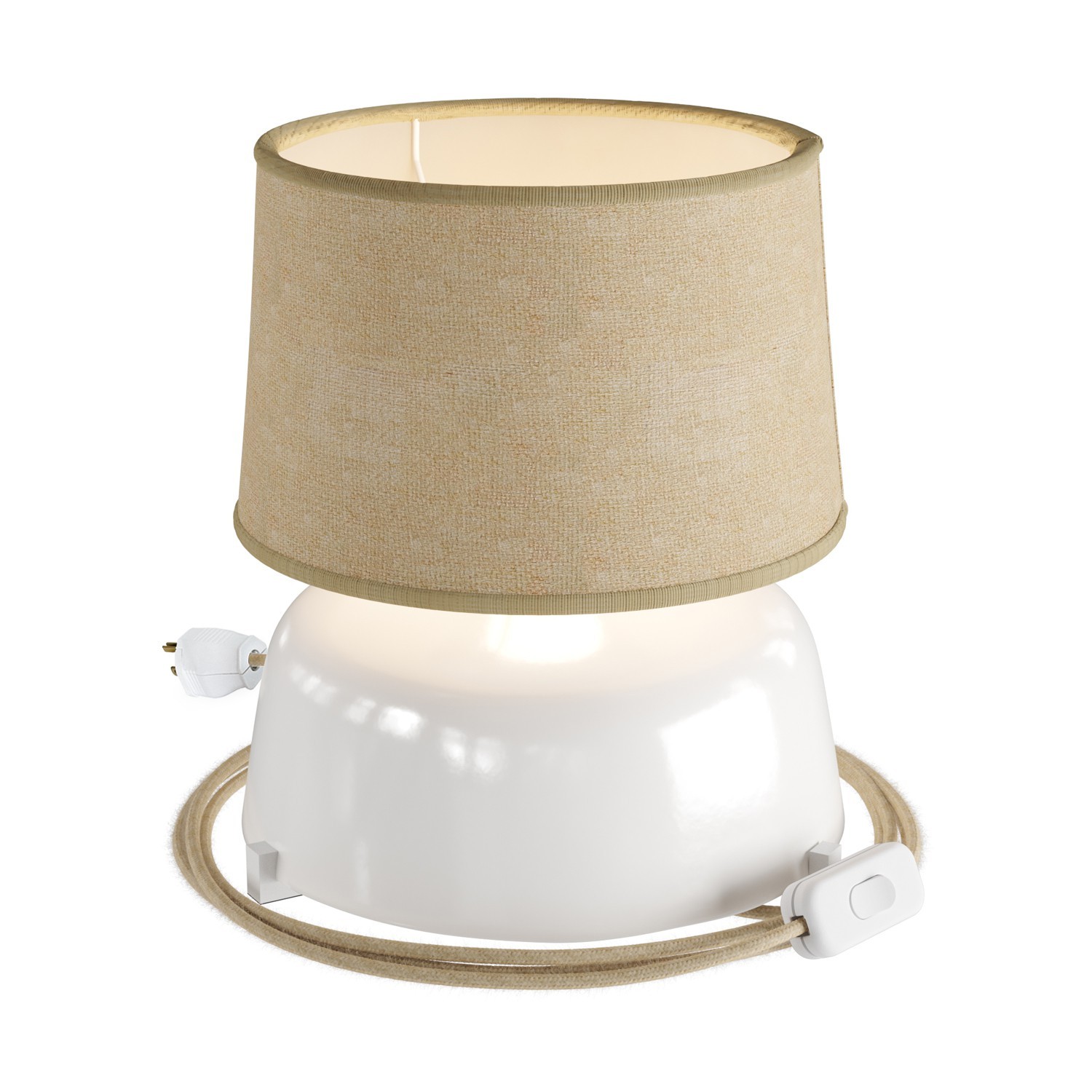 Lámpara de mesa de cerámica Coppa con pantalla o caperuza Athena, completa con cable textil, interruptor y enchufe