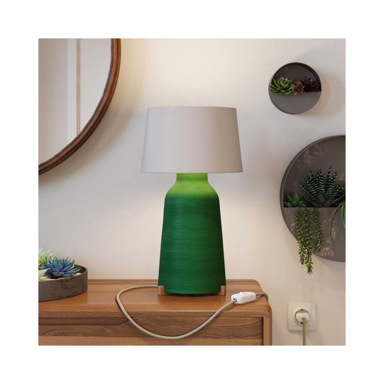 Lámpara de mesa de cerámica Bottiglia con pantalla o caperuza de lámpara Athena, completa con cable textil interruptor y enchufe