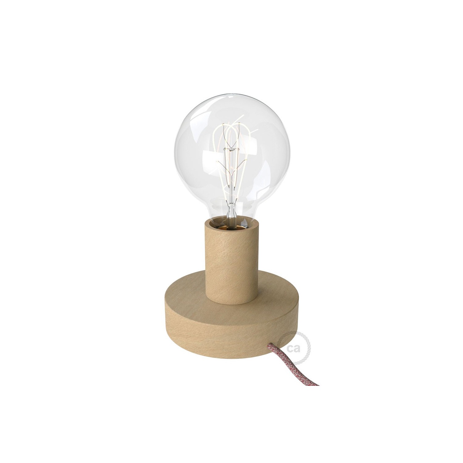 Posaluce Wood S, lámpara de mesa de madera con cable textil, interruptor y clavija