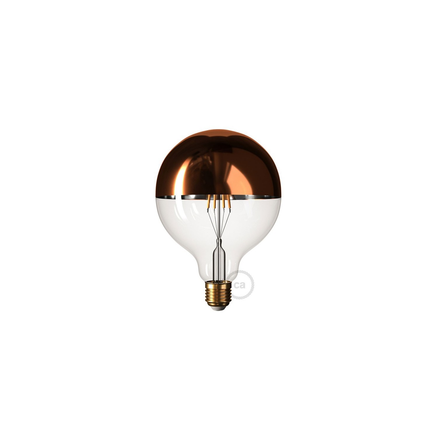 Bombillo LED globo de 12.5cm de diámetro media esfera cobre de 8 watt y luz cálida dimerizable