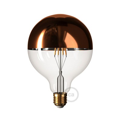 Bombillo LED globo de 12.5cm de diámetro media esfera cobre de 8 watt y luz cálida dimerizable
