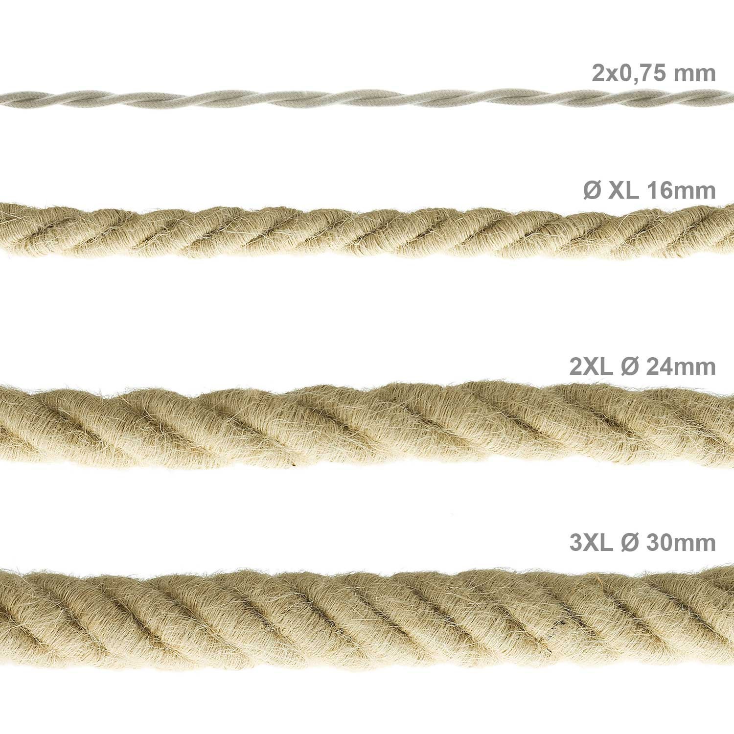 Cordón XL, cable eléctrico 3x0,75, recubierto en yute en bruto. Diámetro: 16mm.