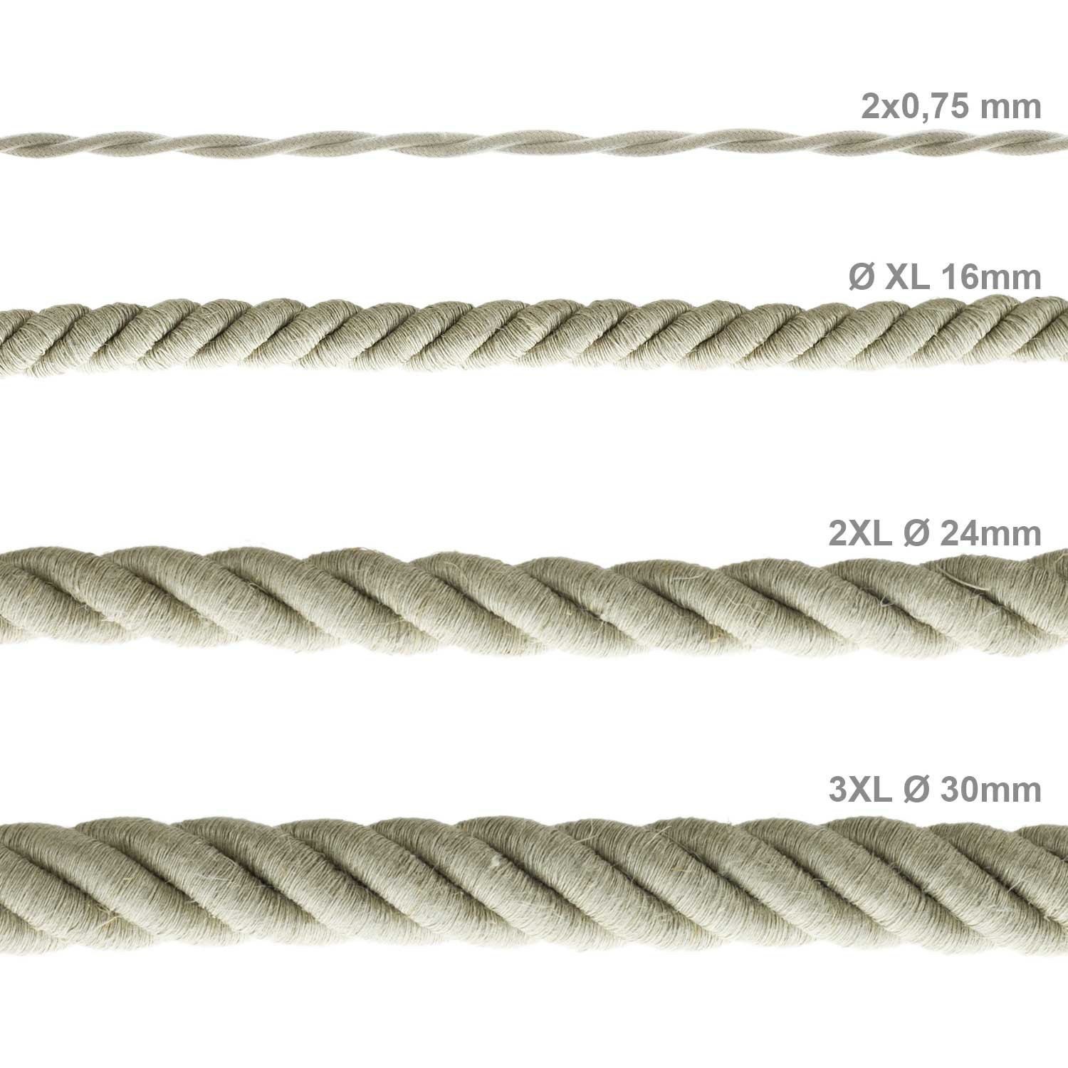 Cordón XL, cable eléctrico 3x0,75, recubierto en lino natural. Diámetro: 16mm.