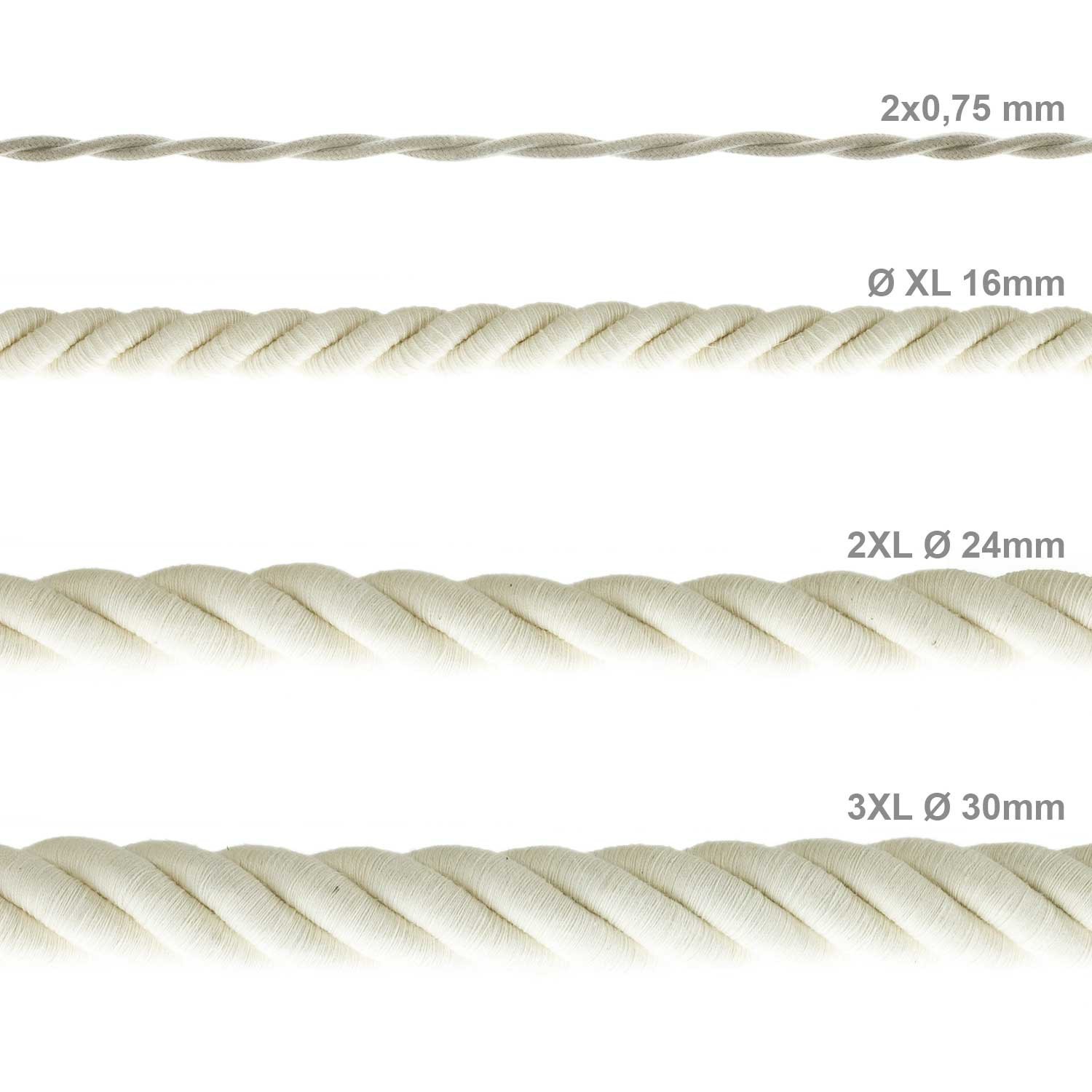 Cordón XL, cable eléctrico 3x0,75, recubierto en algodón en bruto. Diámetro: 16mm.