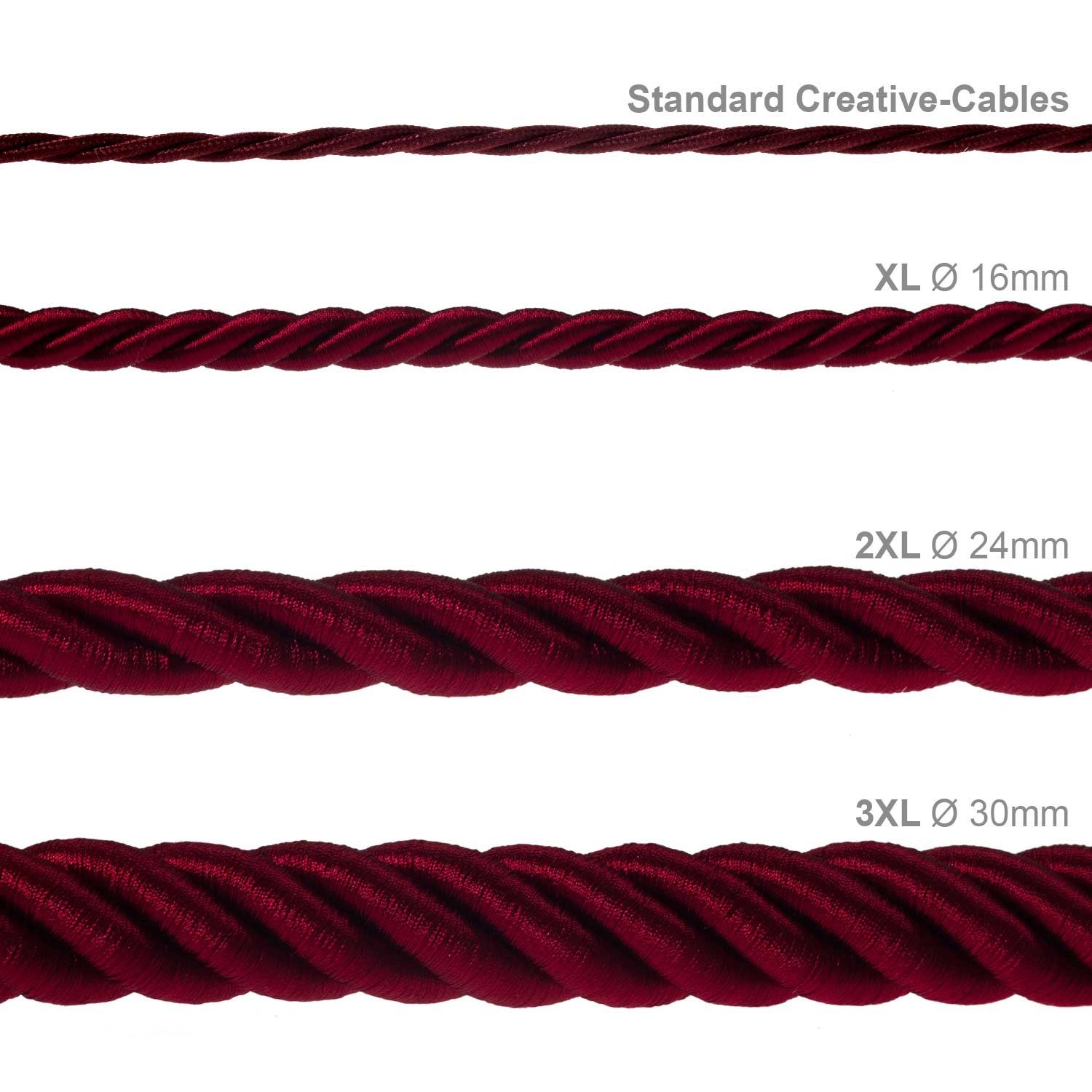 Cordón XL, cable eléctrico 3x0,75, recubierto en tejido burdeos oscuro brillante. Diámetro: 16mm.