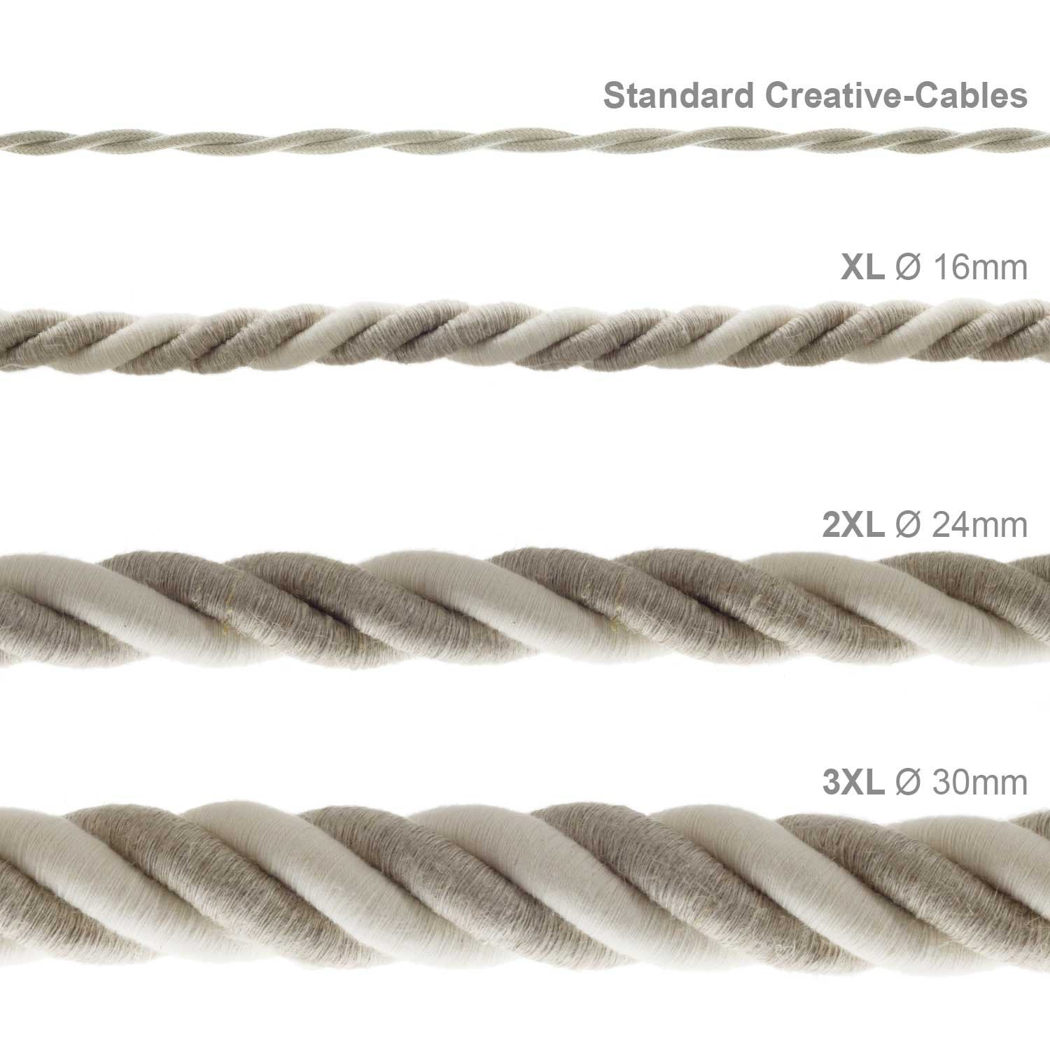 Cordón 3XL, cable eléctrico 3x0,75, recubierto en lino natural y algodón en bruto. Diámetro: 30mm.