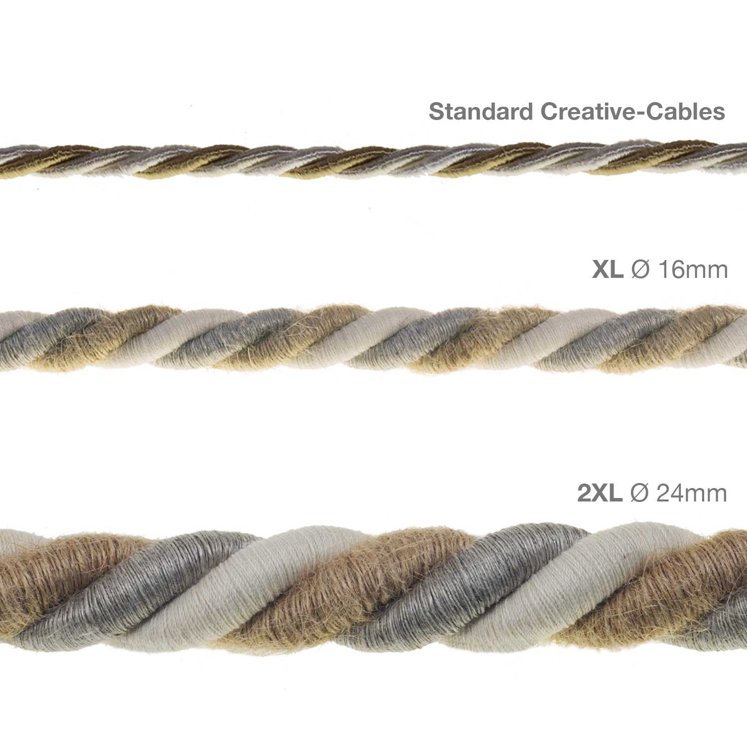 Cordón XL, cable eléctrico 3x0,75. Revestimiento de yute, algodón y lino Country. Diámetro: 16mm.