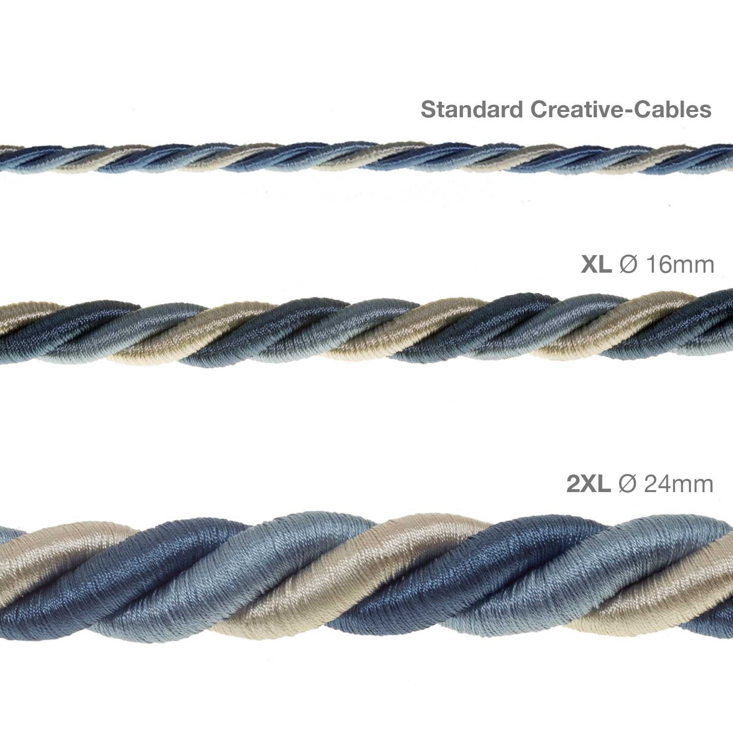Cordón 2XL, cable eléctrico 3x0,75. Revestimiento de tejido lucído Bernadotte. Diámetro: 24mm.