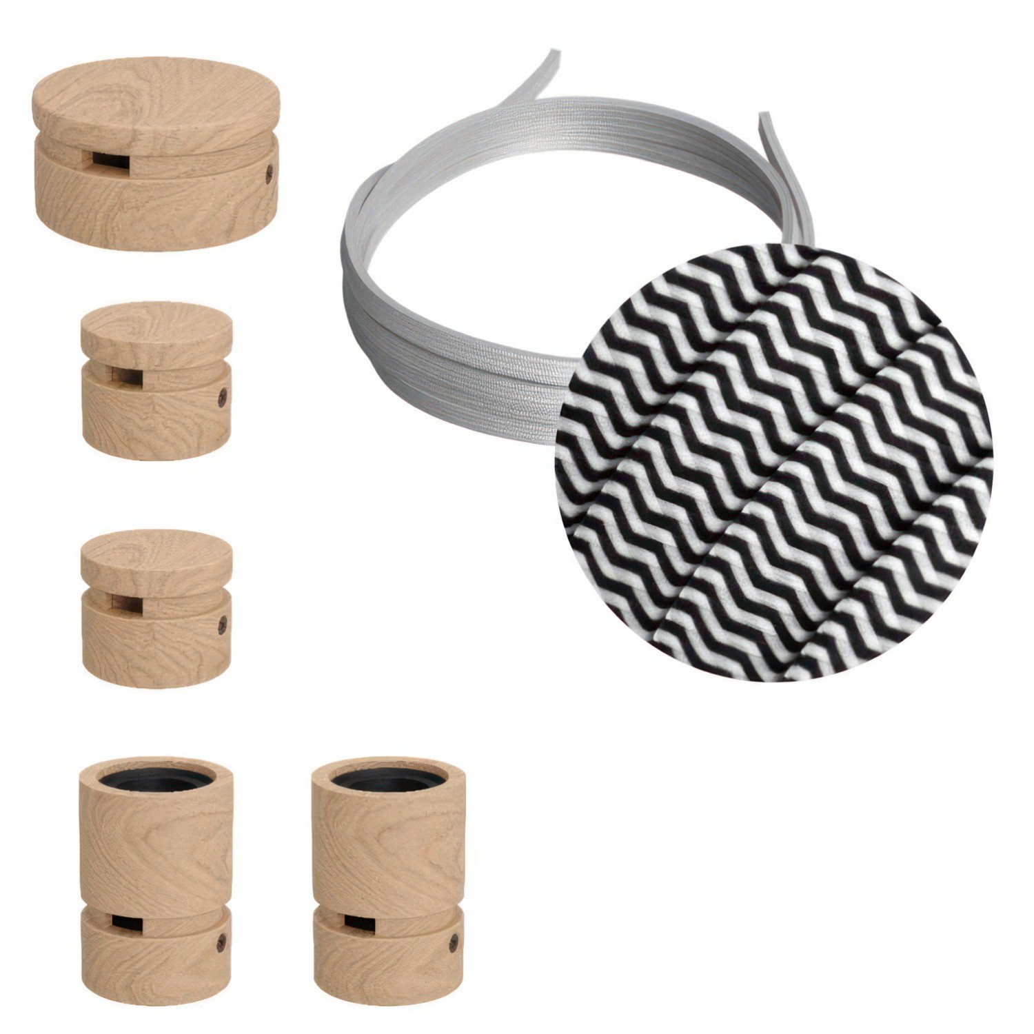 Kit "Wiggle" del Filé System - con 3m cable textil guirnalda y 5 accesorios de madera