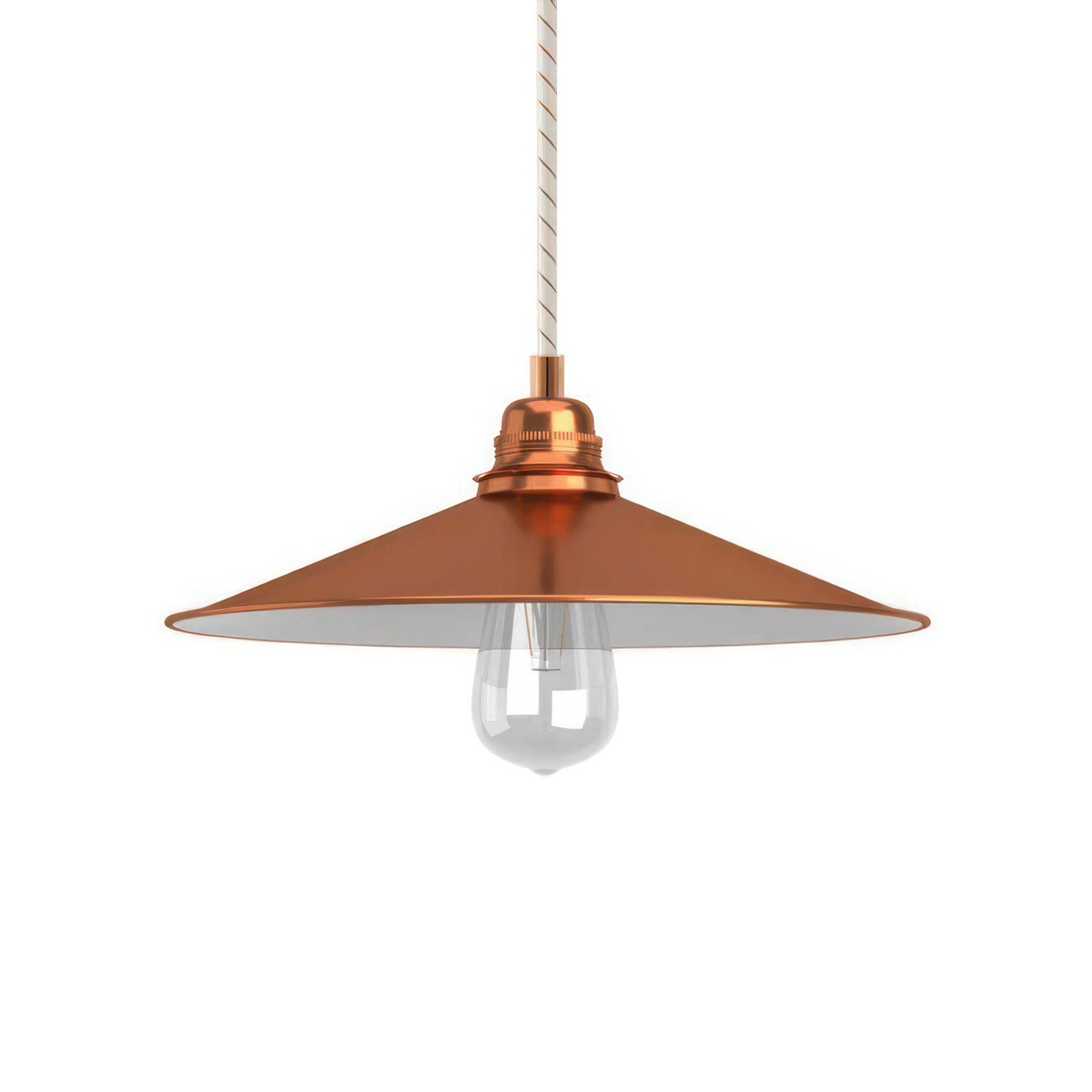 Lámpara colgante hecha en Italia con cable textil, pantalla Swing y detalles en metal