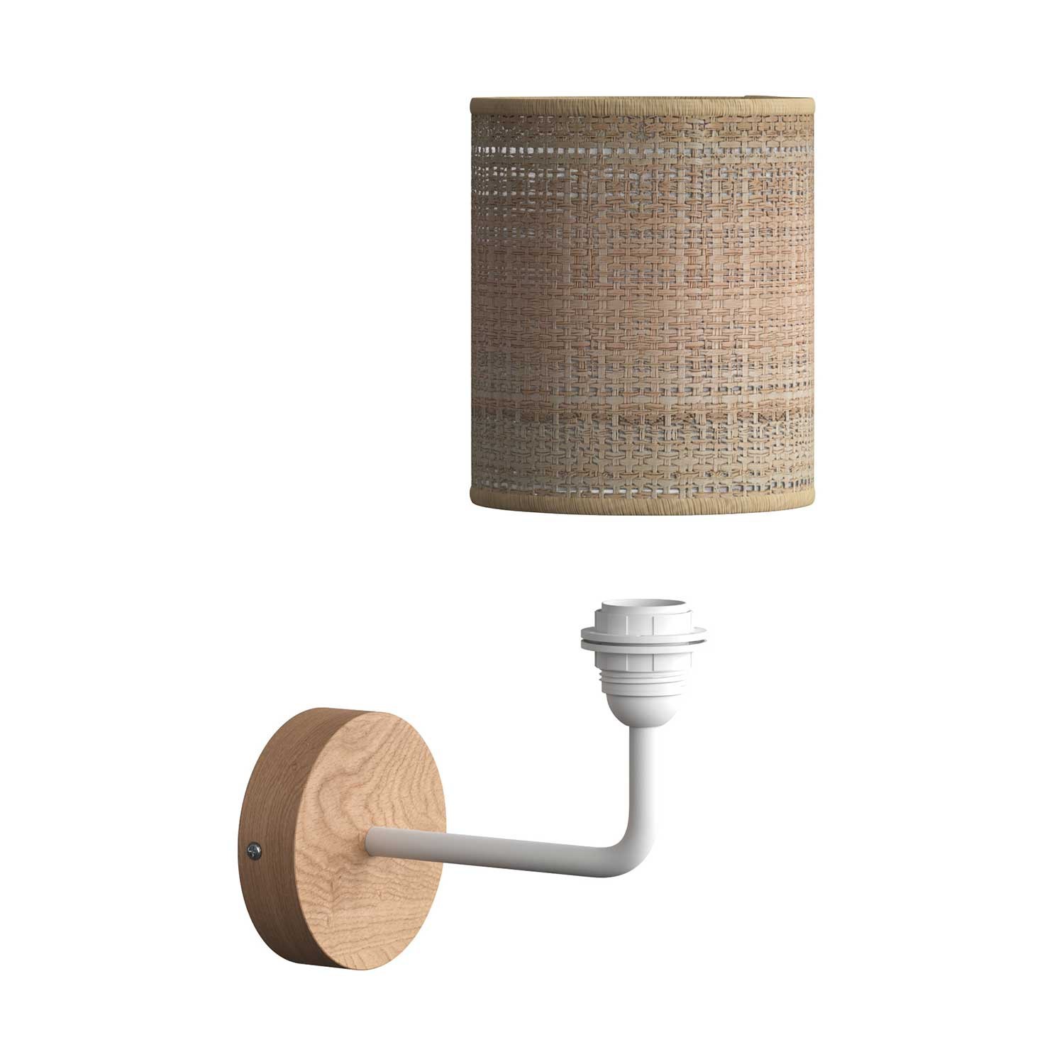 Lámpara de pared Wood en madera con pantalla de tela y tubo de extensión tipo farol