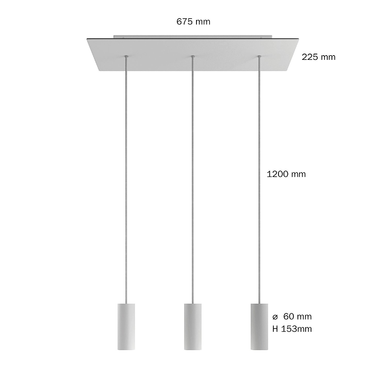 Lámpara colgante de 3 caídas con Rose-One XXL rectangular de 675 mm con cable textil y pantalla metálica Tub E14