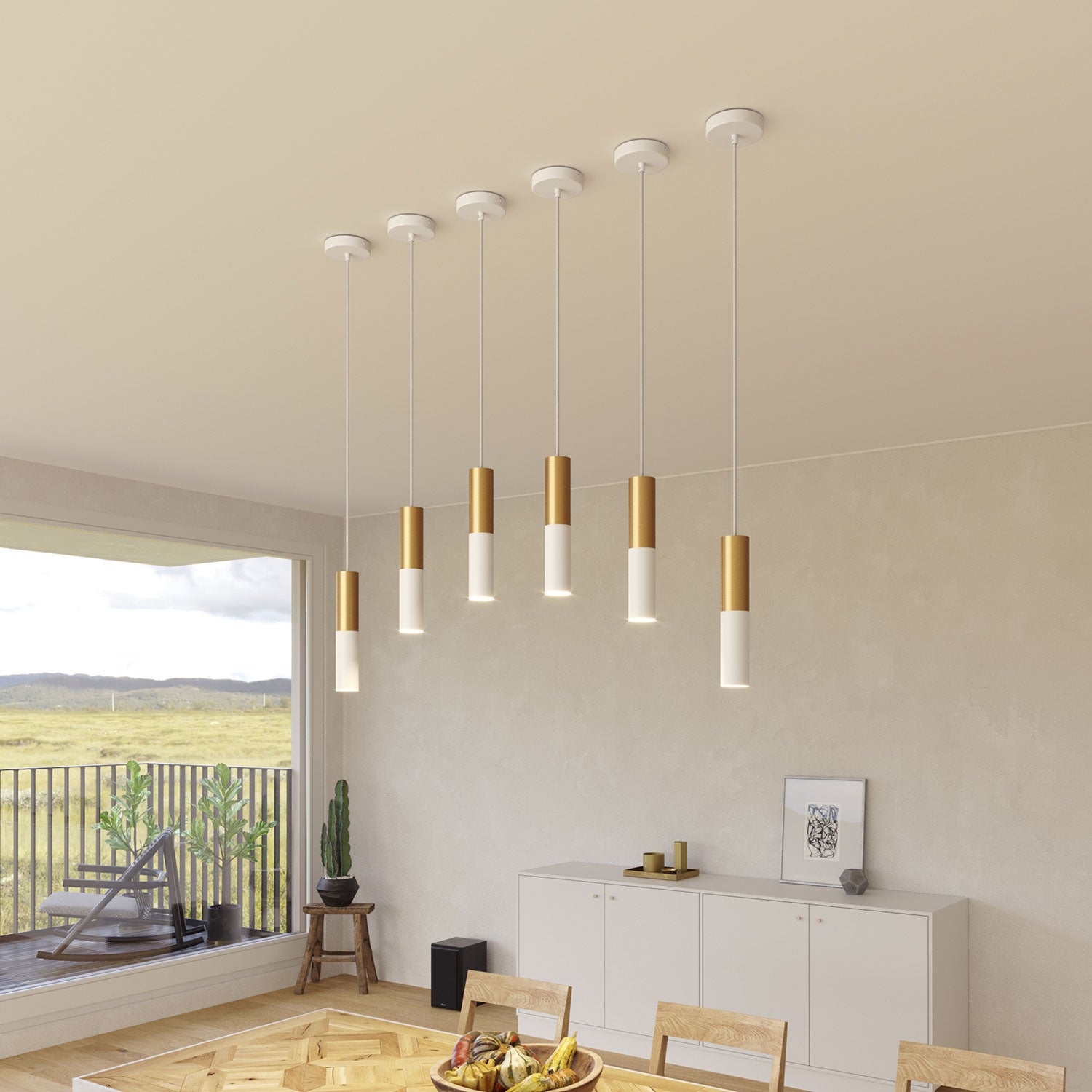 Tub-E12, spotlight double metal tube, with double E12 socket ring - Matt White and Brushed bronze