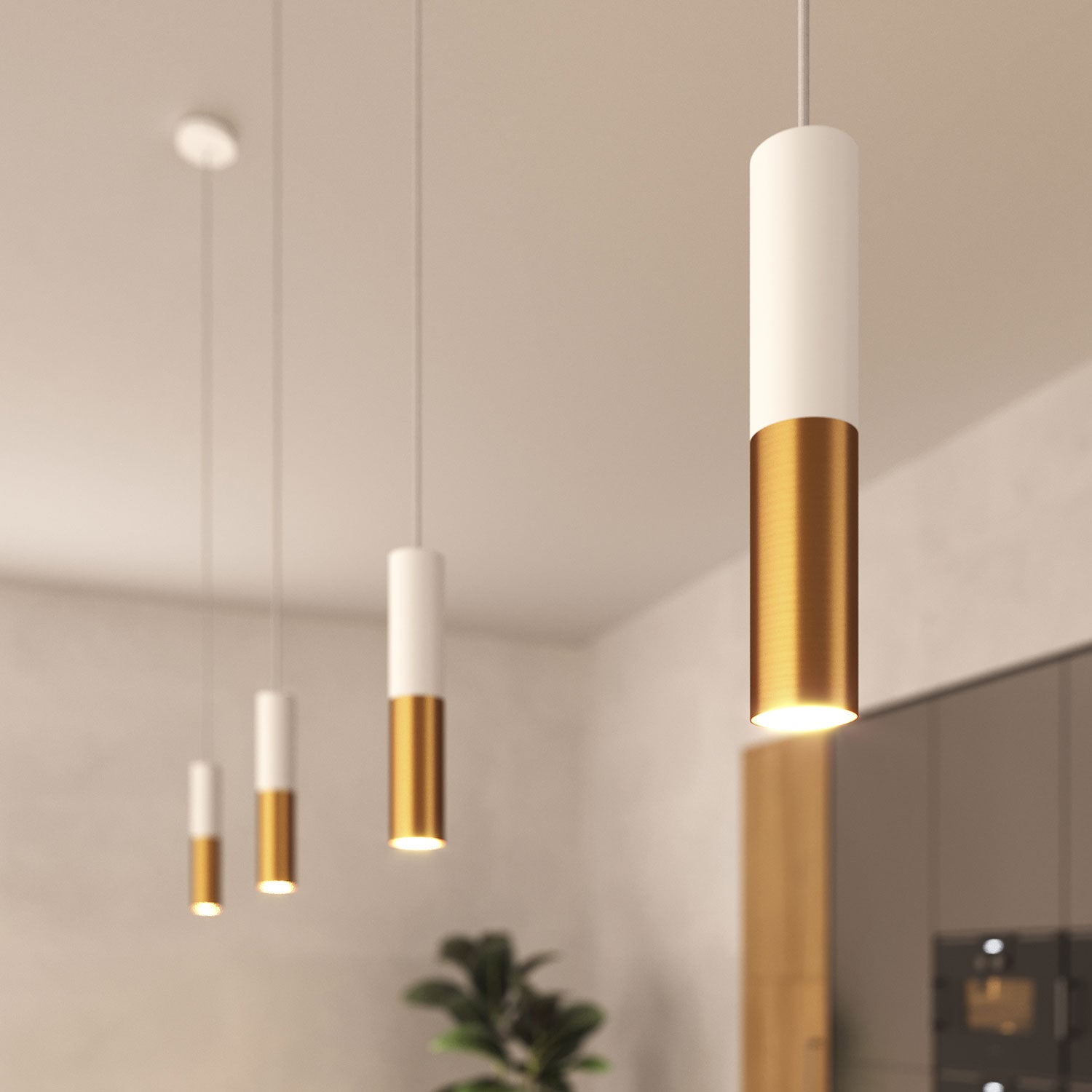 Tub-E12, spotlight double metal tube, with double E12 socket ring - Matt White and Brushed bronze