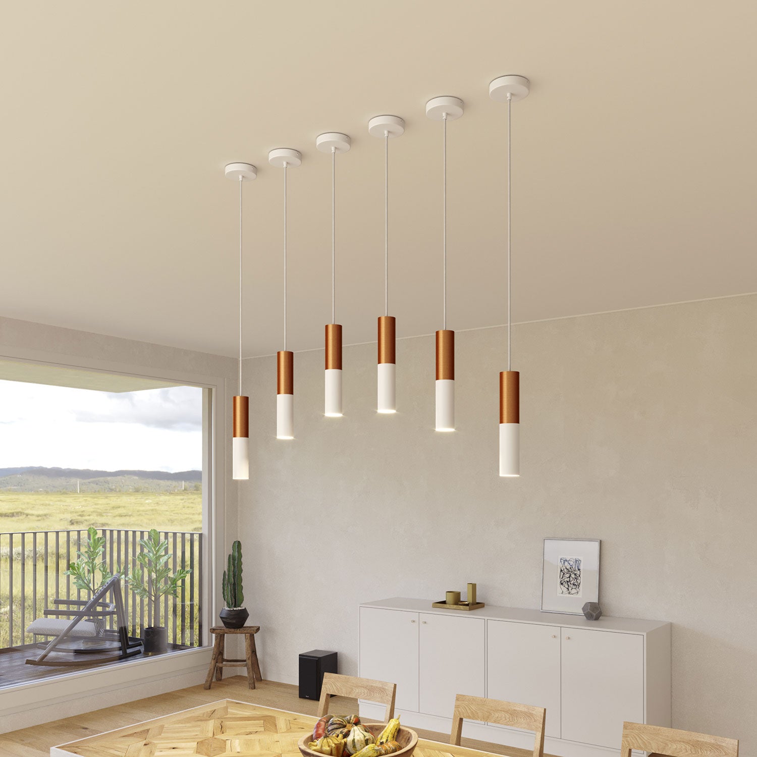 Tub-E12, spotlight double metal tube, with double E12 socket ring - Matt White and Brushed copper