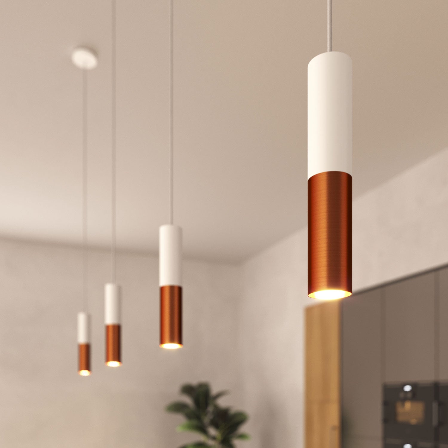 Tub-E12, spotlight double metal tube, with double E12 socket ring - Matt White and Brushed copper