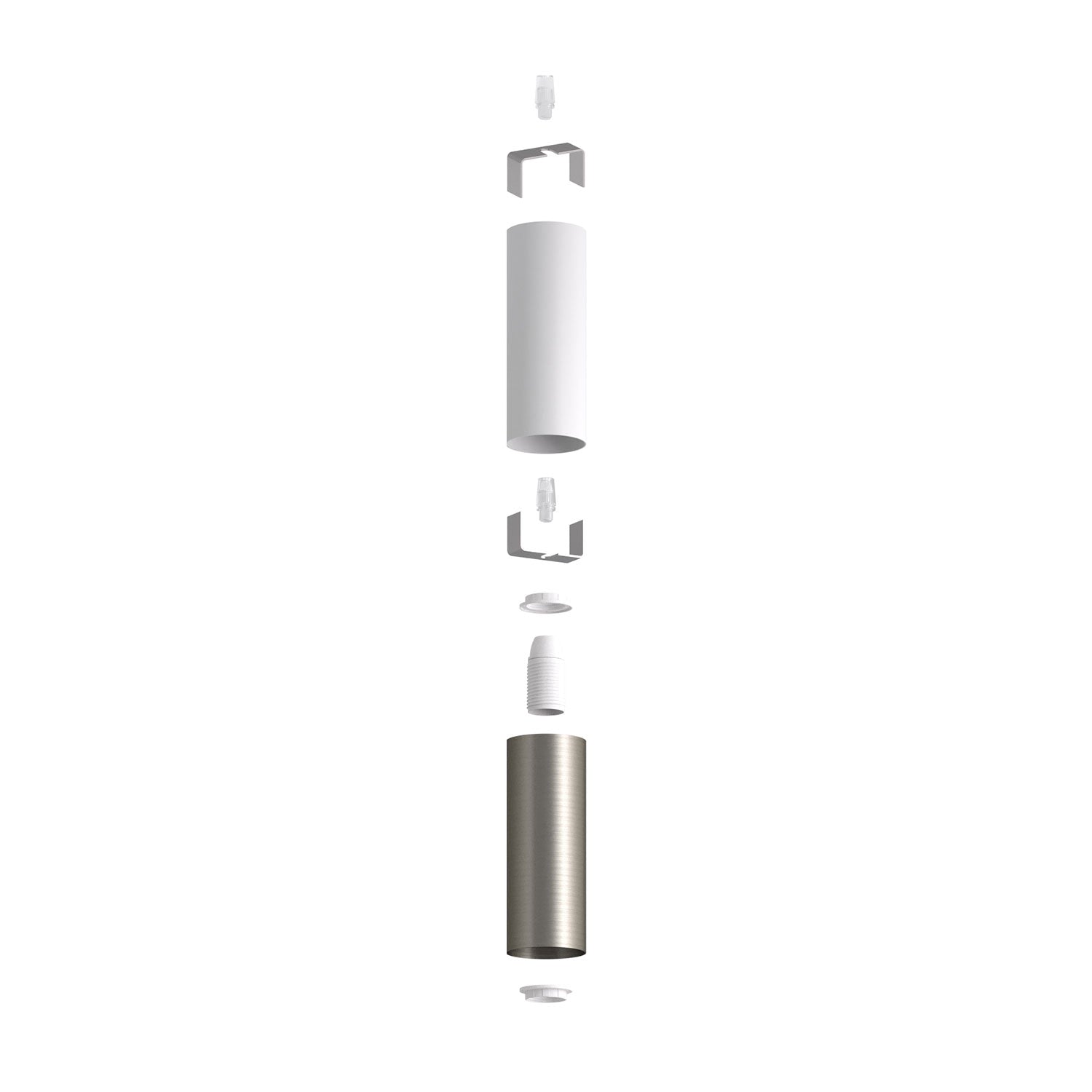 Tub-E12, spotlight double metal tube, with double E12 socket ring - Matt White and Brushed titanium