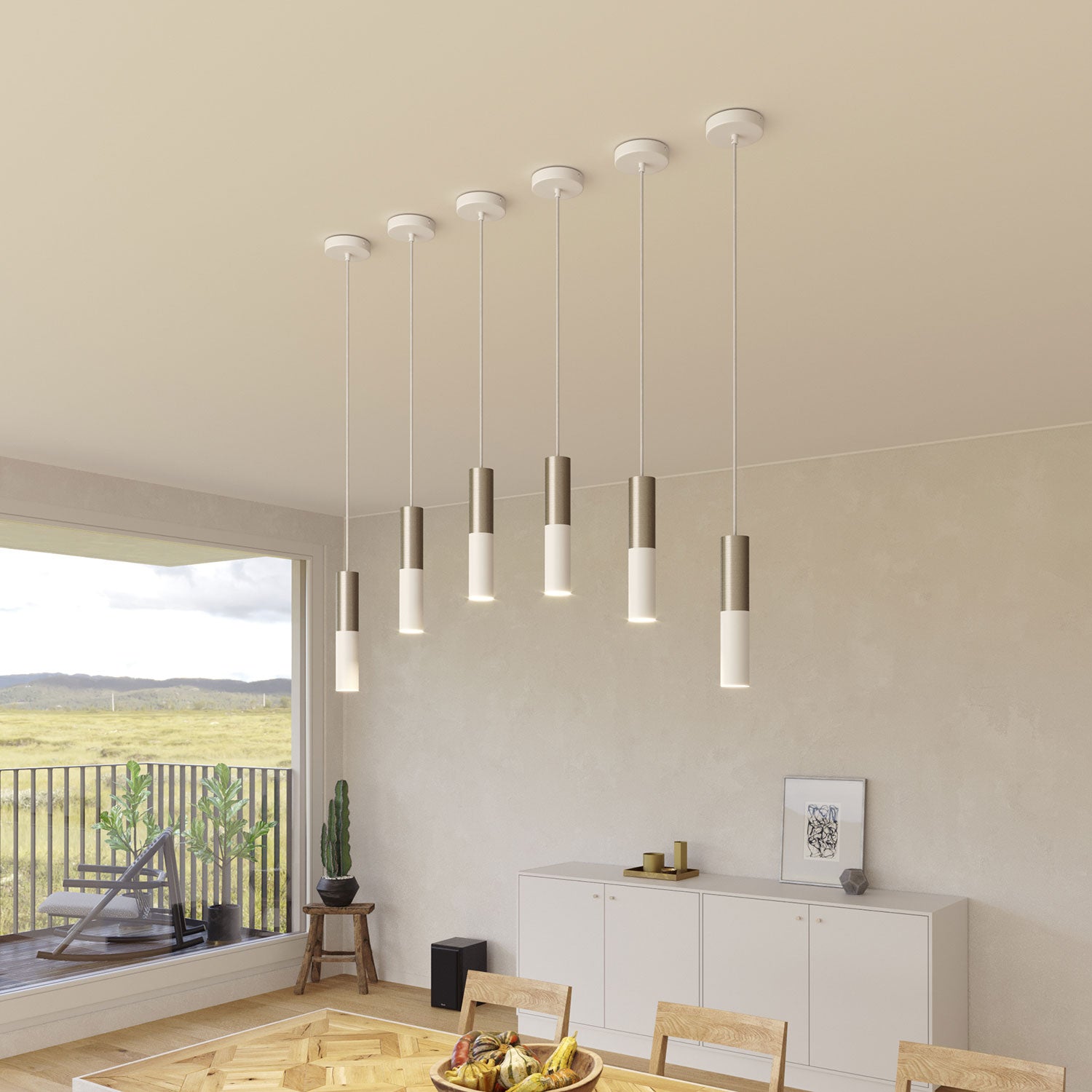 Tub-E12, spotlight double metal tube, with double E12 socket ring - Matt White and Brushed titanium