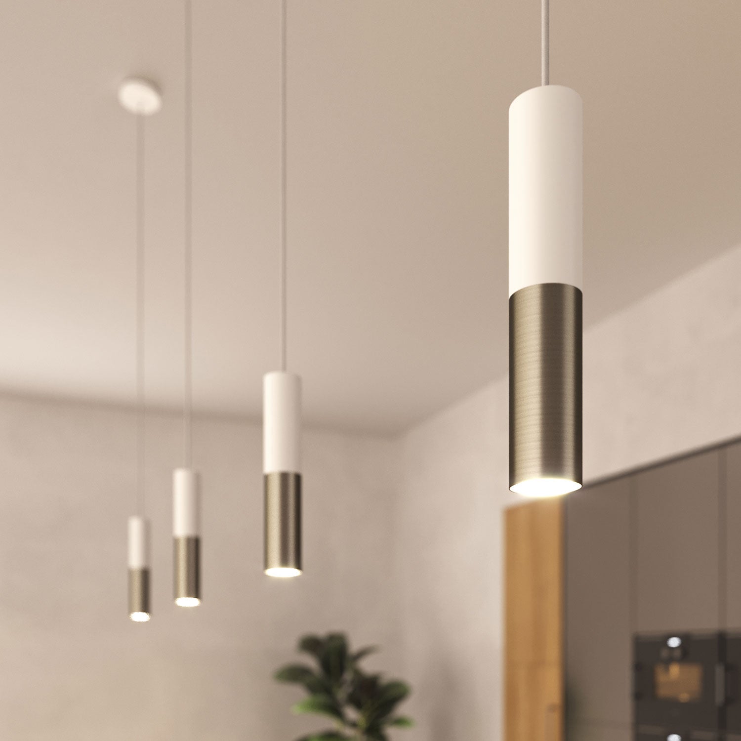 Tub-E12, spotlight double metal tube, with double E12 socket ring - Matt White and Brushed titanium