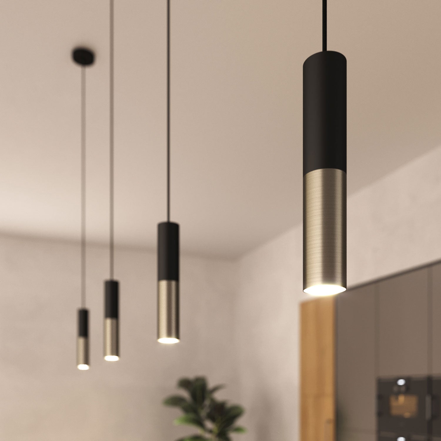 Tub-E12, spotlight double metal tube, with double E12 socket ring - Black and Brushed titanium