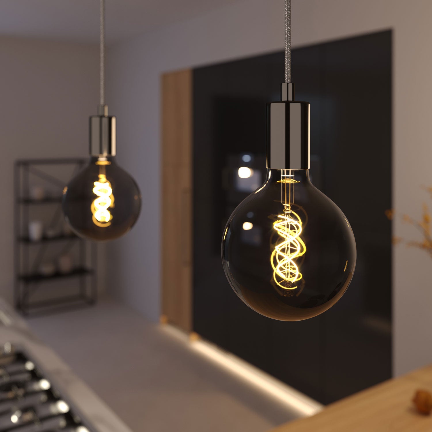 Pendant lamp with textile cable and metal details - Black pearl