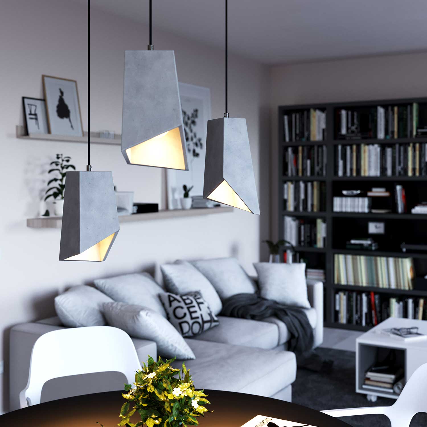 Pendant lamp with textile cable, Prisma cement lampshade and metal finishes - Light cement