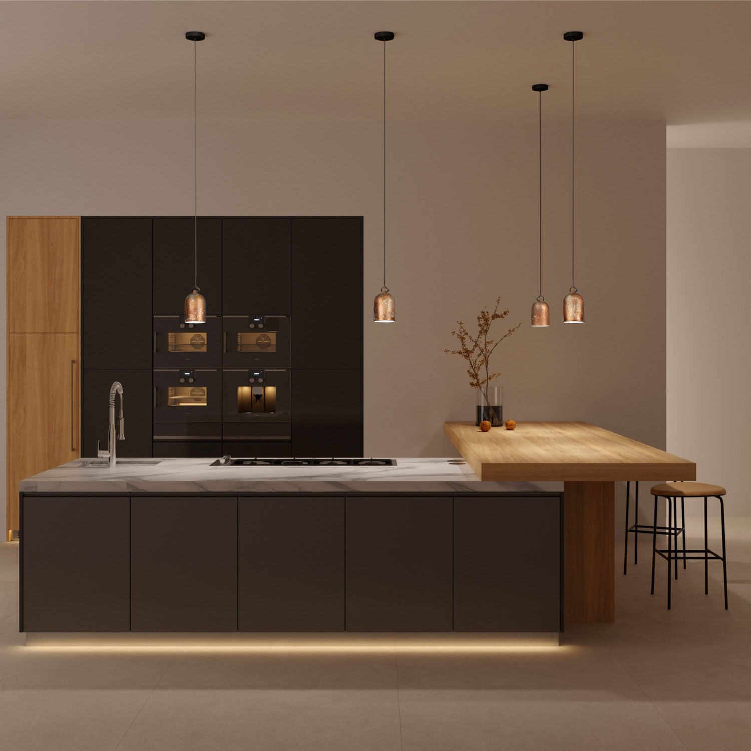 Pendant lamp with textile cable and lampshade Mini Bell XS ceramic shade - Copper green effect