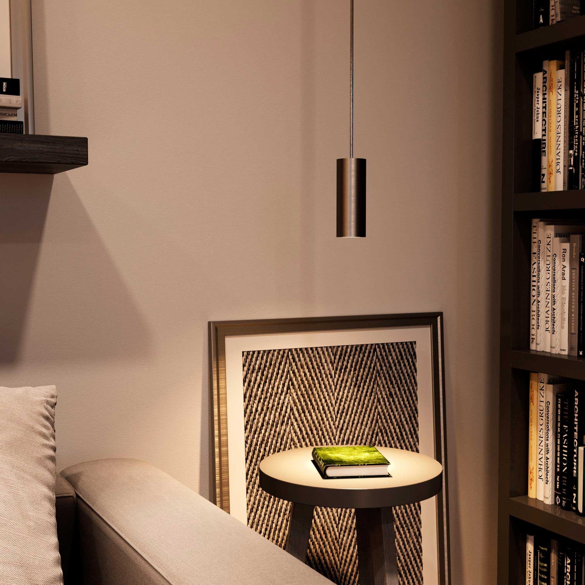 Pendant lamp with textile cable, Tub-E12 lampshade and metal details - Brushed titanium