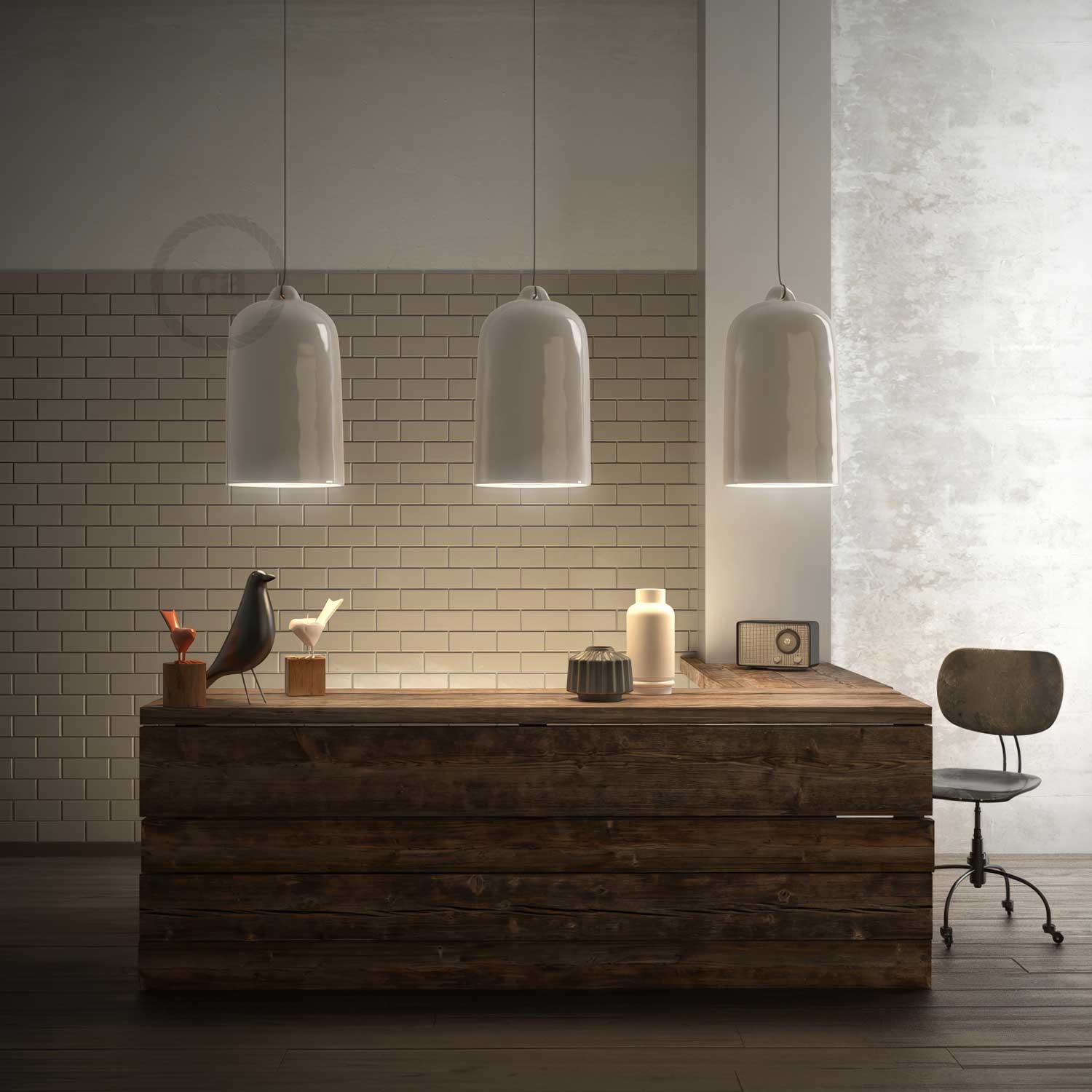 Pendant lamp with textile cable and Bell XL ceramic lampshade - Glossy white