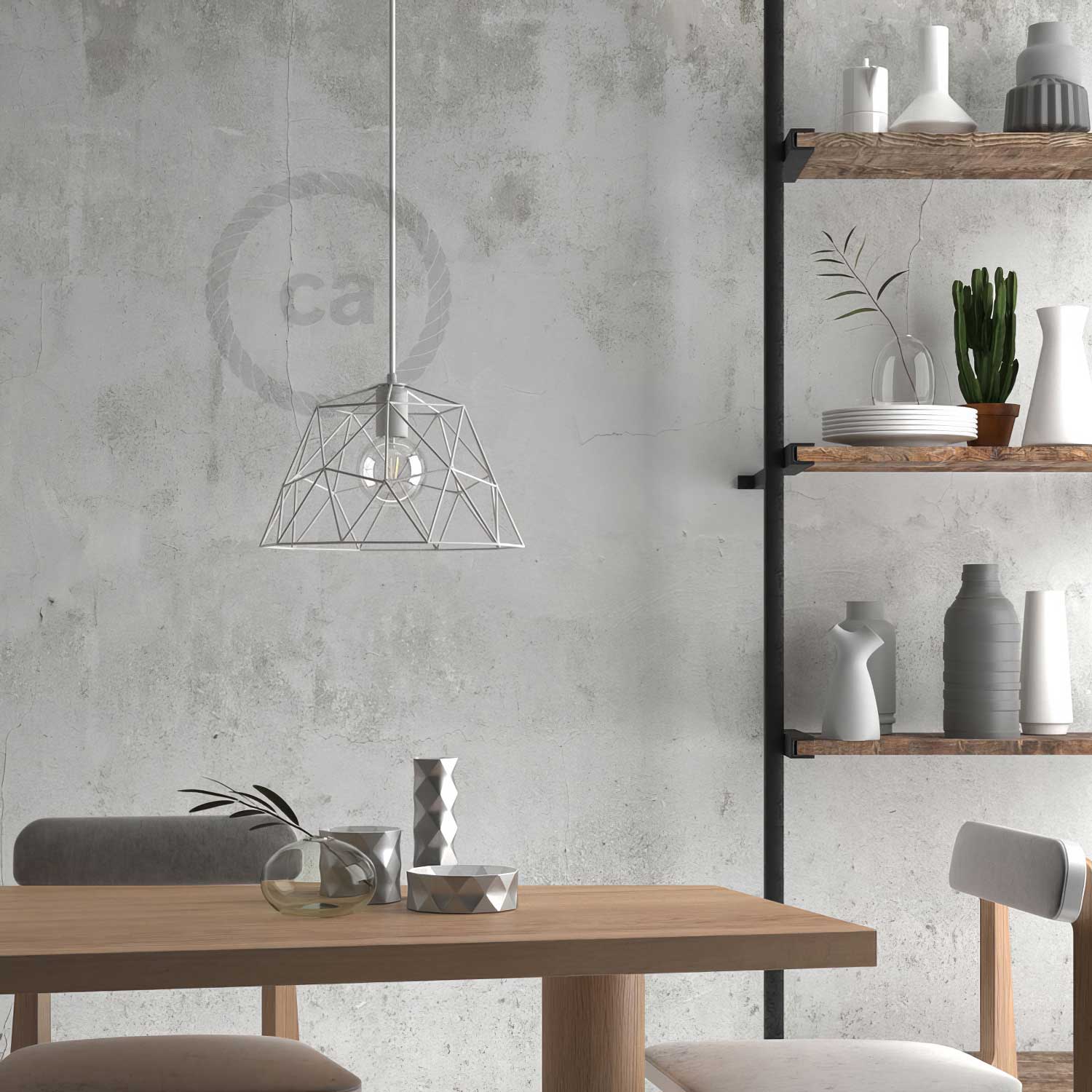 Pendant lamp with textile cable, Dome lampshade and metal details - White