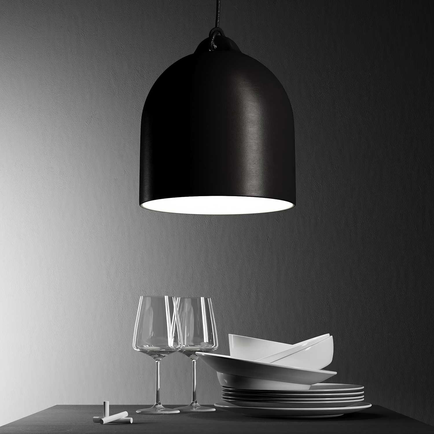 Pendant lamp with textile cable and lampshade Bell M in ceramic - Blackboard