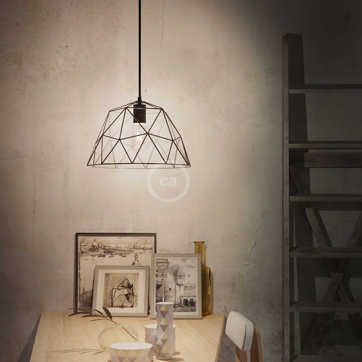 Pendant lamp with textile cable, Dome lampshade and metal details - Black