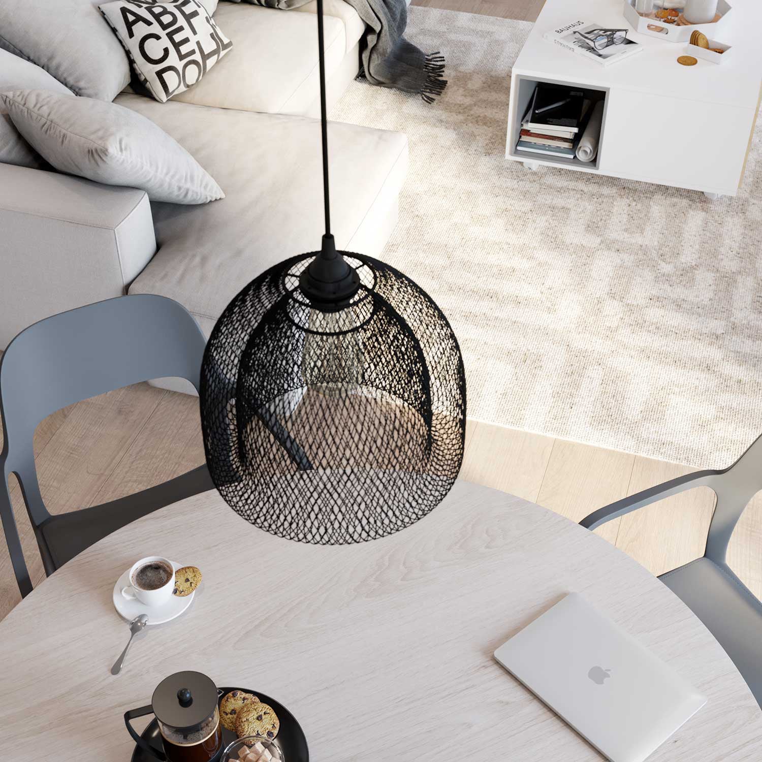 Pendant lamp with textile cable, Ghostbell XL cage lampshade and metal details - Black