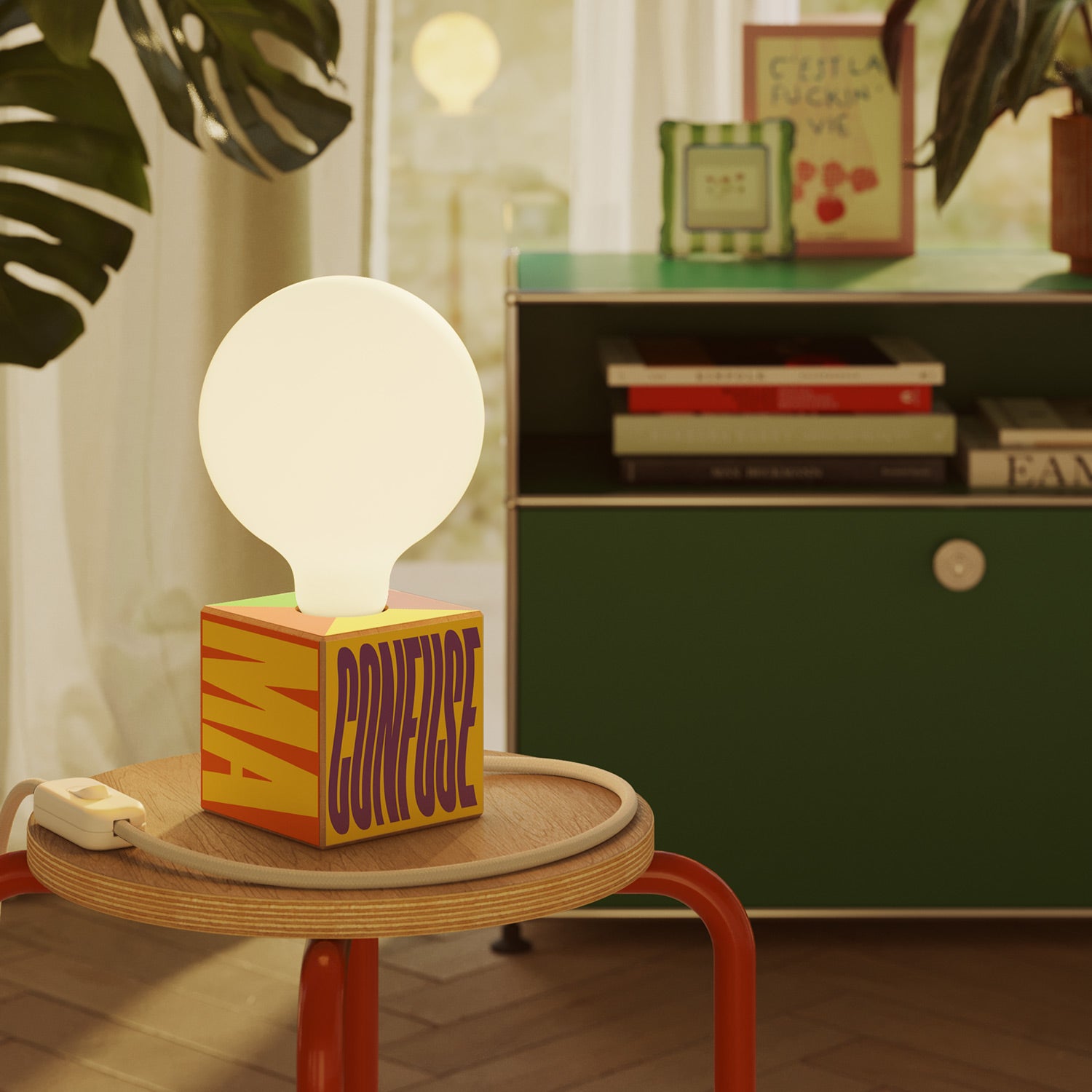 Cubetto table lamp with US plug, "Poche idee ma confuse" porcelain effect globe bulb - Santomanifesto