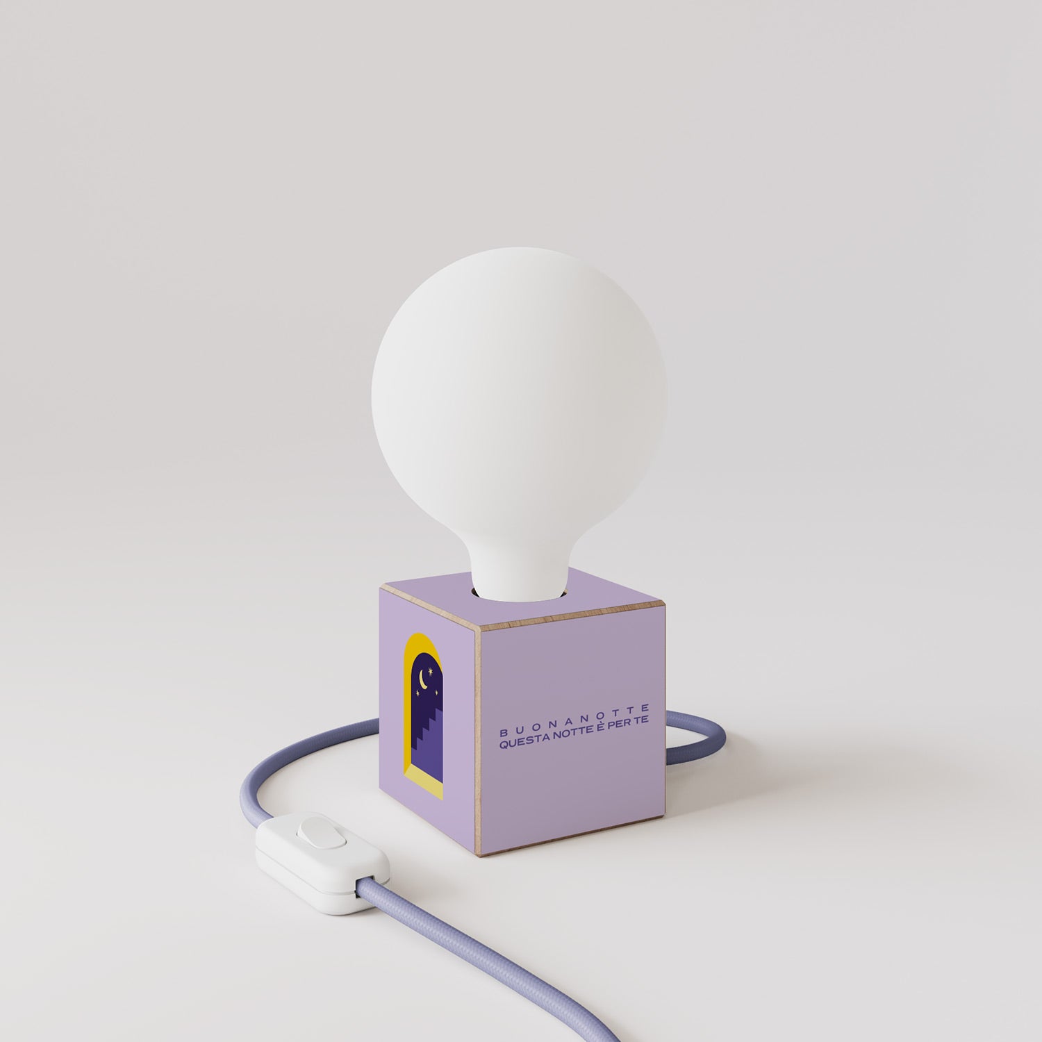 Cubetto table lamp with US plug, "Buonanotte fiorellino" porcelain effect globe bulb - Santomanifesto