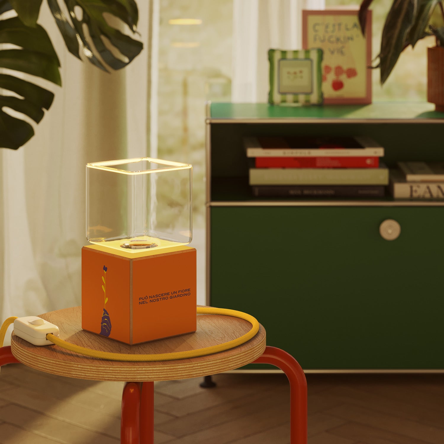 Cubetto table lamp with US plug, "Può nascere un fiore" Ghost bulb - Santomanifesto