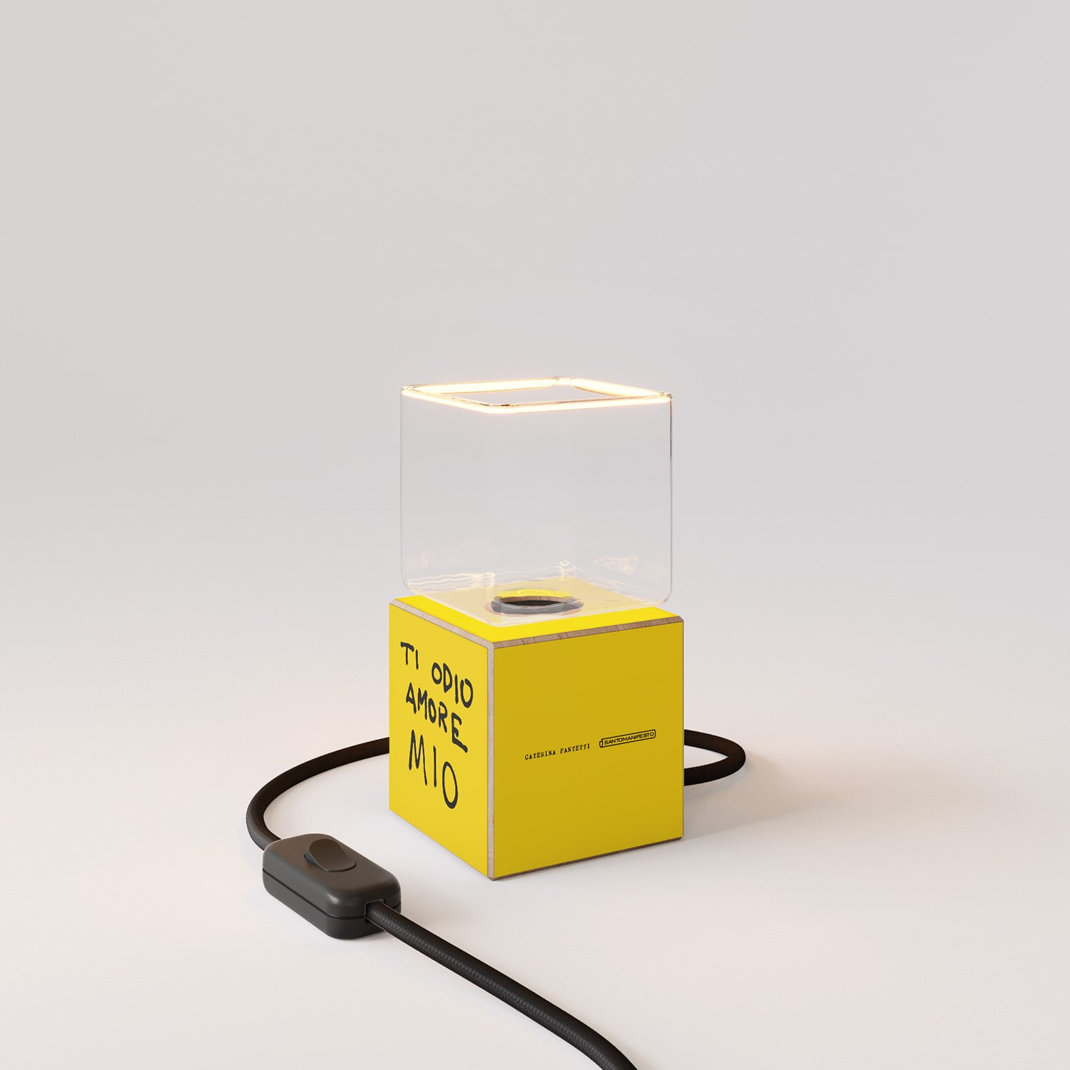 Cubetto table lamp with US plug, "Ti odio amore mio" Ghost bulb - Santomanifesto