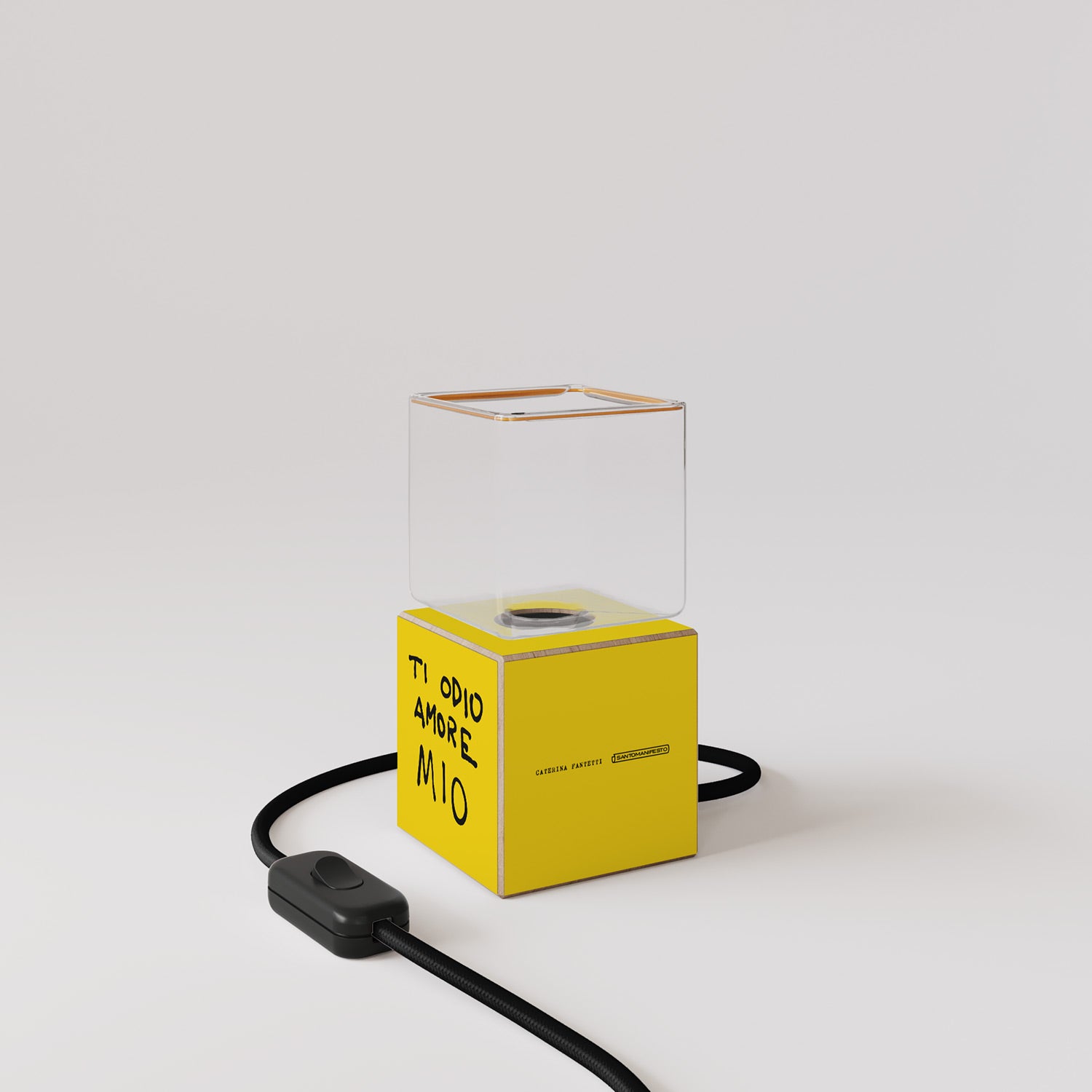 Cubetto table lamp with US plug, "Ti odio amore mio" Ghost bulb - Santomanifesto