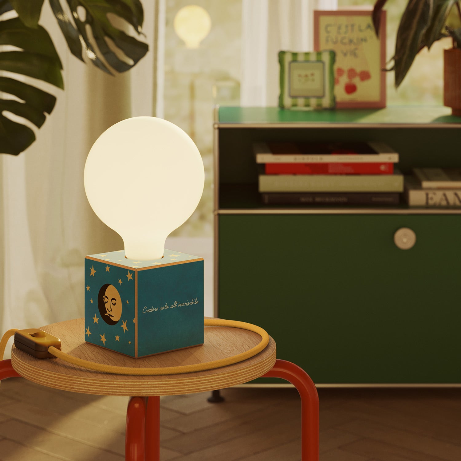 Cubetto table lamp with US plug, "La luna" porcelain effect globe bulb - Santomanifesto