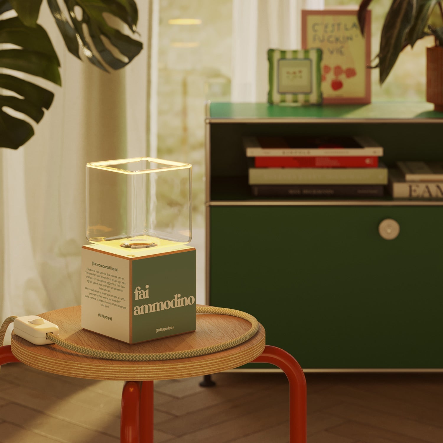 Cubetto table lamp with US plug, "Fai ammodino" Ghost bulb - Tuttapolpa