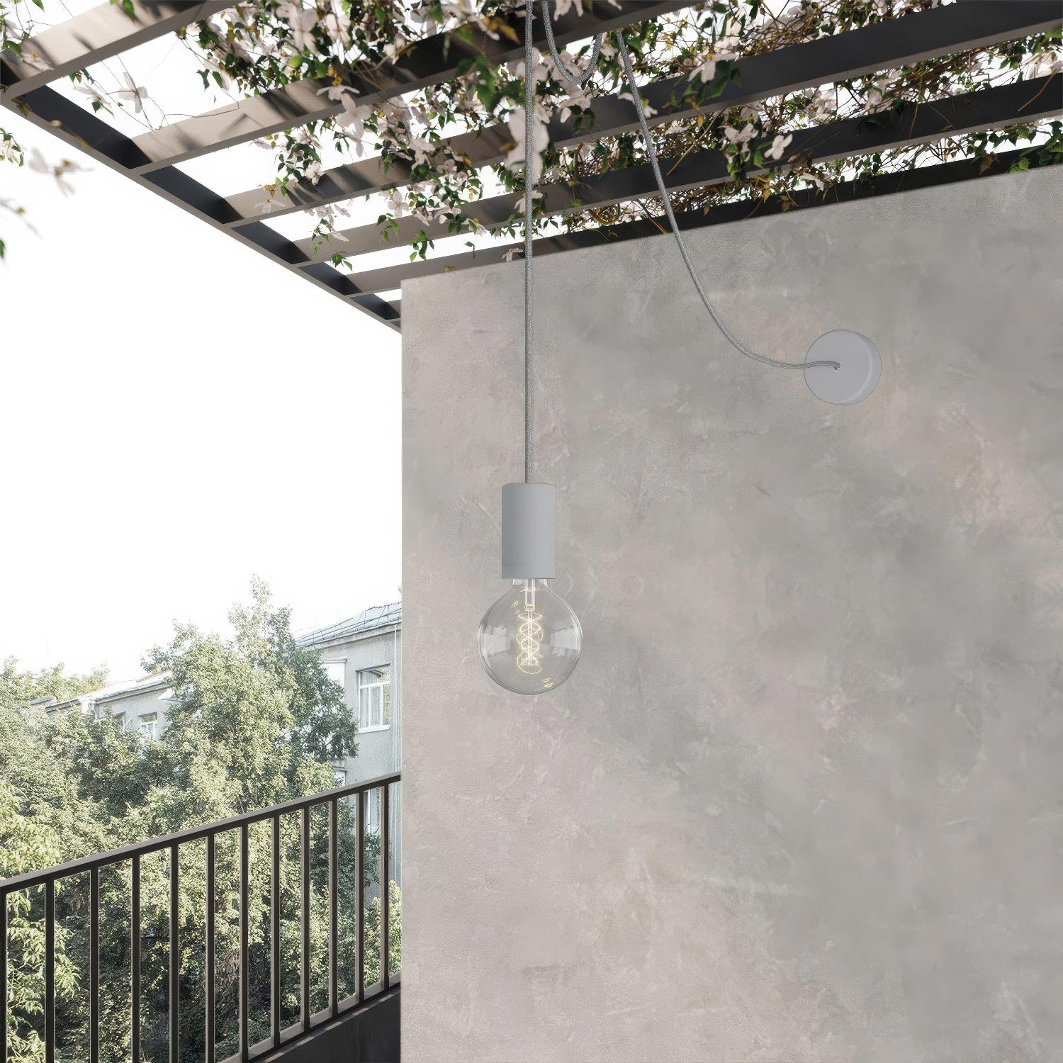 EIVA ELEGANT Outdoor pendant lamp with textile cable, decentralizer, canopy and socket for wet locations - Glacier grey